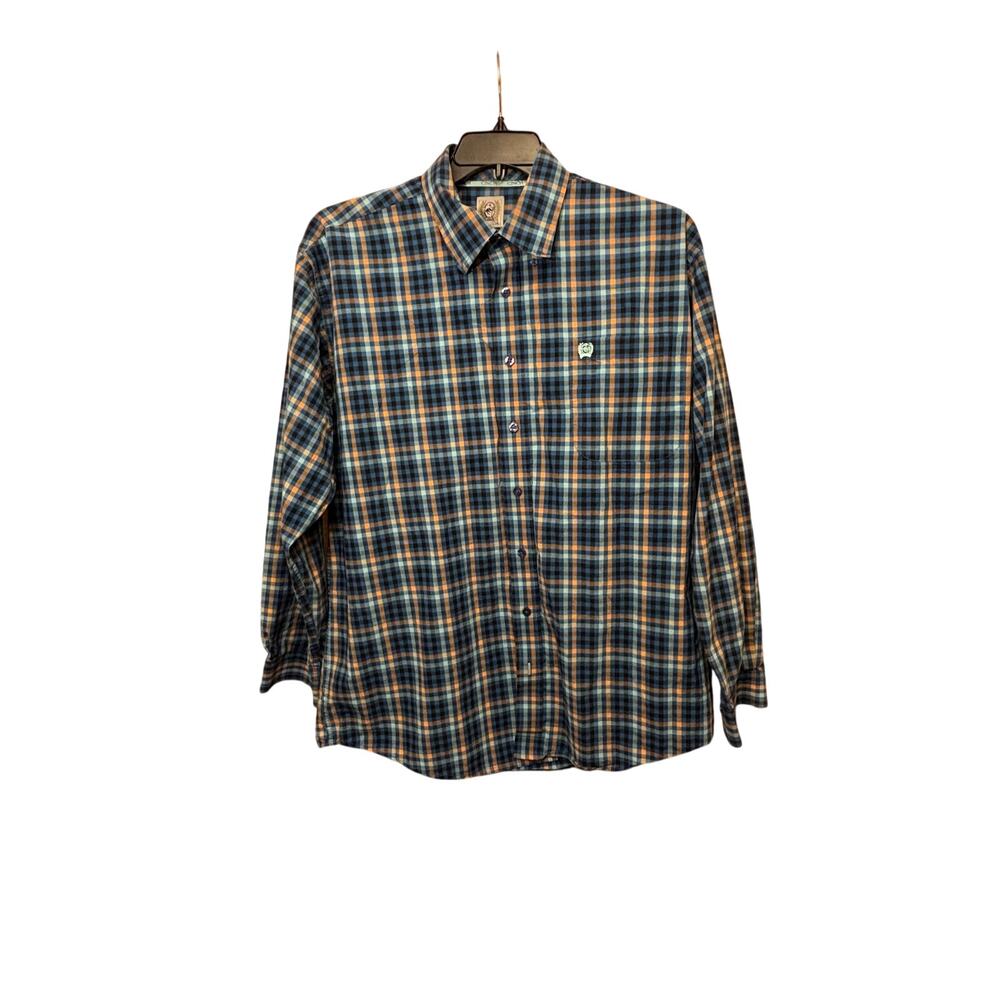 Cinch Western blue, orange plaid button down oversized L shirt